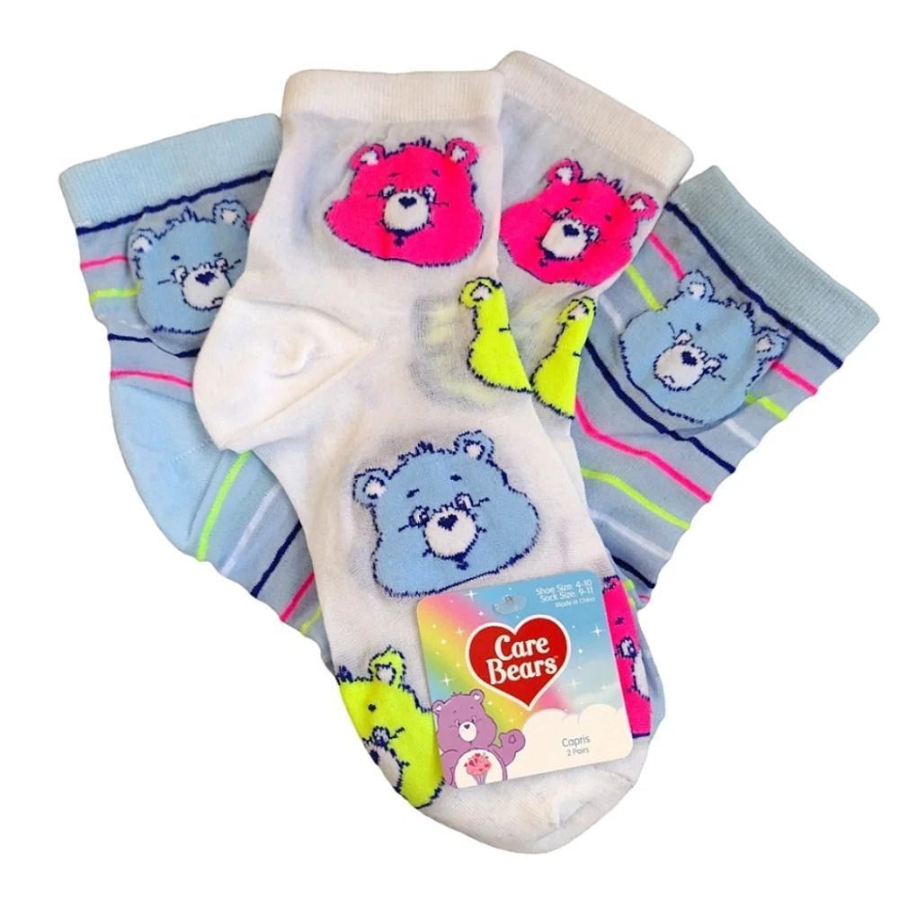 Care Bears White Colorful Neon Print 2 Pairs Nylon Capri Socks NWT Nostalgia